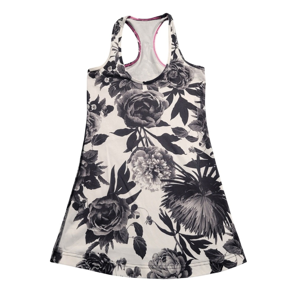 Lululemon Cool Racerback Tank Top Black White Floral Peony Print Pink Stitching